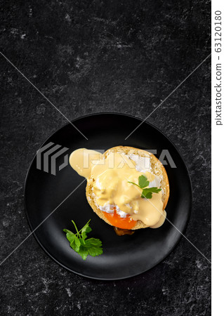 Top view of simple composition of poached egg on Top view of simple composition of poached egg on 63120180