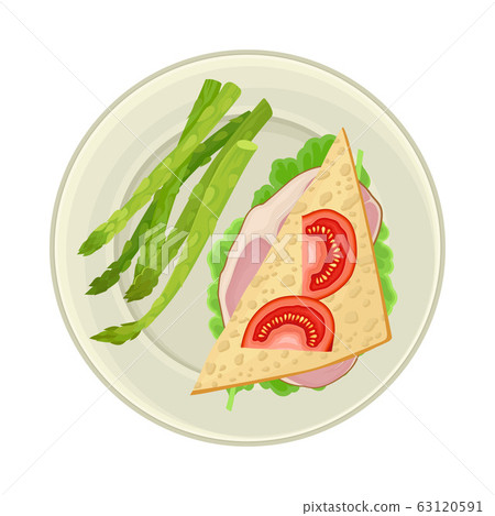 Sandwich Served on Plate with Asparagus Stalks Vector Illustration Sandwich Served on Plate with Asparagus Stalks Vector Illustration 63120591