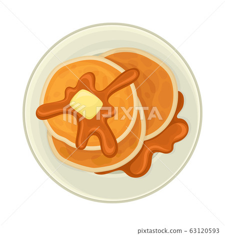 Pile of Pancakes with Sticky Caramel or Chocolate Topping Served on Plate Vector Illustration Pile of Pancakes with Sticky Caramel or Chocolate Topping Served on Plate Vector Illustration 63120593