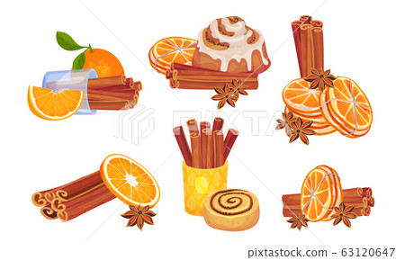Cinnamon Sticks and Orange Fruit Compositions Vector Set 63120647