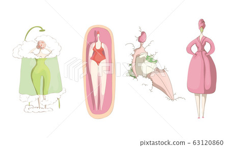 Wrapped in Bathrobe Woman Sitting and Lying in Spa Salon and Enjoying Procedures Vector Set Wrapped in Bathrobe Woman Sitting and Lying in Spa Salon and Enjoying Procedures Vector Set 63120860