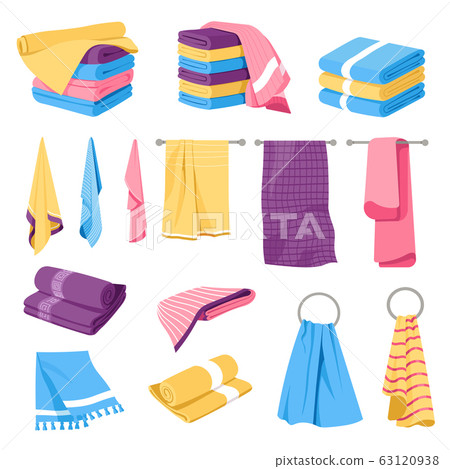Home textile, towels stacks and holders, isolated icons 63120938