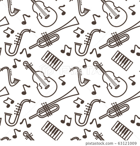 Violin and pipe, saxophone and piano, musical instruments seamless pattern Violin and pipe, saxophone and piano, musical instruments seamless pattern 63121009