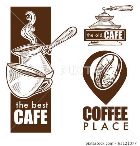 Turkey and cup, grinder and coffee beans isolated icons 63121077