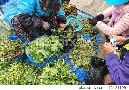 Street vendors selling vegetables in Korean traditional markets Street vendors selling vegetables in Korean traditional markets 63121109