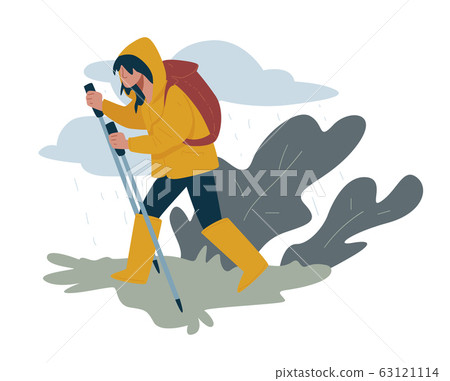 Hiking or trekking, walking tour with backpack, woman in raincoat and rubber boots Hiking or trekking, walking tour with backpack, woman in raincoat and rubber boots 63121114