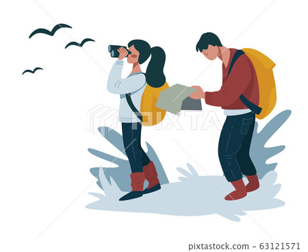 Hiking or backpacking, couple walking with map and binocular, way searching 63121571