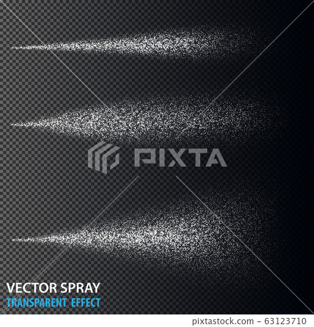 Transparent water spray cosmetic set with dust and dots. White 3d fog spray effect isolated on background. Vector spray smoke effect 63123710