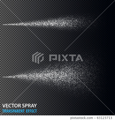Transparent water spray cosmetic set with dust and dots. White 3d fog spray effect isolated on background. Vector spray smoke effect 63123713