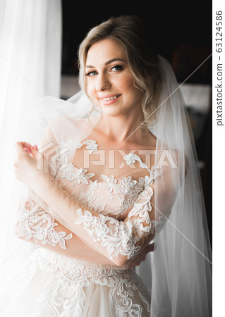 Luxury bride in white dress posing while preparing for the wedding ceremony Luxury bride in white dress posing while preparing for the wedding ceremony 63124586