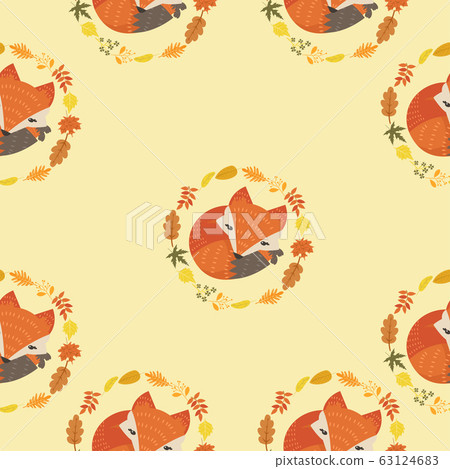 Cute fox with leaves decoration circle seamless Cute fox with leaves decoration circle seamless 63124683