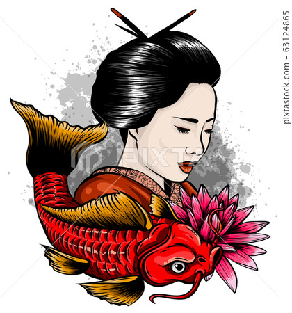 Vector illustration of Japanese geisha feeding sacred Koi carps at autumn time. Vector illustration of Japanese geisha feeding sacred Koi carps at autumn time. 63124865