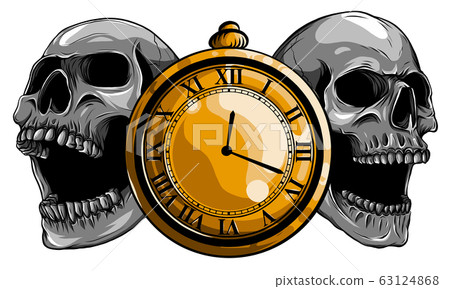 pocket watch with human skull,Time and death concept. illustration line art. pocket watch with human skull,Time and death concept. illustration line art. 63124868