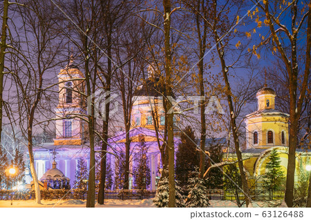 Gomel, Belarus. City Park In Winter Night. Peter And Paul Cathedral In Homiel Rumyantsevs And Paskeviches Park. Famous Local Landmark In Snow 63126488