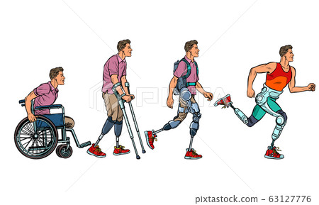 Evolution of rehabilitation. man leg prosthesis 63127776