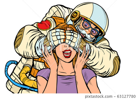 Santa Claus character astronaut. Surprise gift, Christmas and New year Santa Claus character astronaut. Surprise gift, Christmas and New year 63127780