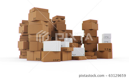 Pile, heap of cardboard boxes isolated on a white background. Cardboard boxes for the delivery of goods. Packages delivery, parcels transportation system concept, 3D illustration Pile, heap of cardboard boxes isolated on a white background. Cardboard boxes for the delivery of goods. Packages delivery, parcels transportation system concept, 3D illustration 63129659