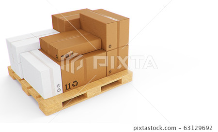 3D illustration cardboard boxes on wooden pallets isolated on a white background. Cardboard boxes for the delivery of goods. Packages delivery, parcels transportation system concept. 3D illustration cardboard boxes on wooden pallets isolated on a white background. Cardboard boxes for the delivery of goods. Packages delivery, parcels transportation system concept. 63129692