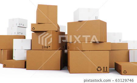 Pile, heap of cardboard boxes isolated on a white background. Cardboard boxes for the delivery of goods. Packages delivery, parcels transportation system concept, 3D illustration 63129746