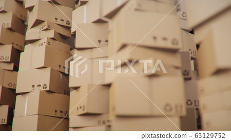 Background of cardboard boxes inside warehouse, logistic center. Warehouse filled with cardboard boxes. Mess in the warehouse, 3D illustration 63129752