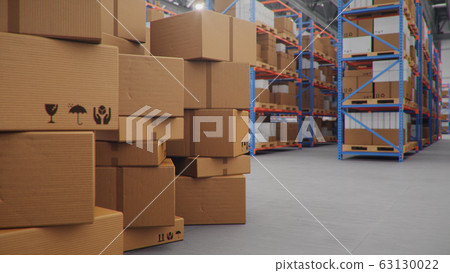 Cardboard boxes in middle of the warehouse, logistic center. Huge modern warehouse. Warehouse filled with cardboard boxes on shelves, boxes stand on pallets. Transportation system, 3D Illustration 63130022