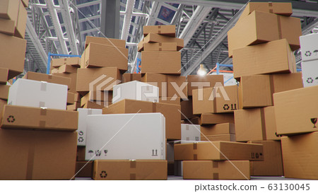 Cardboard boxes in middle of the warehouse, logistic center. Huge modern warehouse. Warehouse filled with cardboard boxes on shelves, boxes stand on pallets. Transportation system, 3D Illustration 63130045