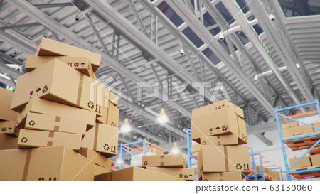 Cardboard boxes in middle of the warehouse, logistic center. Huge modern warehouse. Warehouse filled with cardboard boxes on shelves, boxes stand on pallets. Transportation system, 3D Illustration 63130060