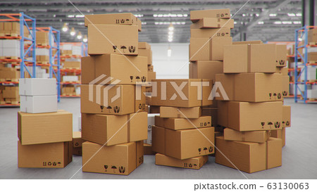 3D Illustration packages delivery, parcels transportation system concept, heap of cardboard boxes in middle of the warehouse. Warehouse with cardboard boxes inside on pallets racks. Huge warehouse. 63130063