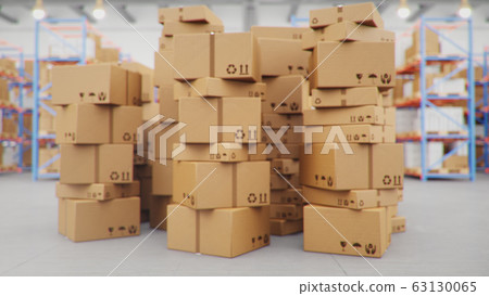 Cardboard boxes in middle of the warehouse, logistic center. Huge modern warehouse. Warehouse filled with cardboard boxes on shelves, boxes stand on pallets. Transportation system, 3D Illustration 63130065