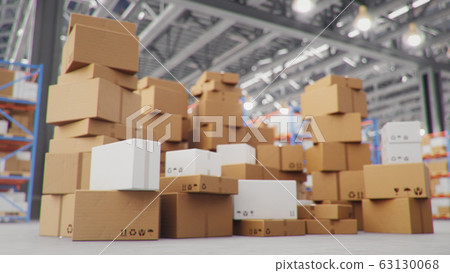 3D Illustration packages delivery, parcels transportation system concept, heap of cardboard boxes in middle of the warehouse. Warehouse with cardboard boxes inside on pallets racks. Huge warehouse. 63130068