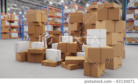 Cardboard boxes in middle of the warehouse, logistic center. Huge modern warehouse. Warehouse filled with cardboard boxes on shelves, boxes stand on pallets. Transportation system, 3D Illustration Cardboard boxes in middle of the warehouse, logistic center. Huge modern warehouse. Warehouse filled with cardboard boxes on shelves, boxes stand on pallets. Transportation system, 3D Illustration 63130071