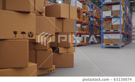 3D Illustration packages delivery, parcels transportation system concept, heap of cardboard boxes in middle of the warehouse. Warehouse with cardboard boxes inside on pallets racks. Huge warehouse. 63130074