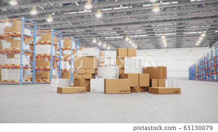 3D Illustration packages delivery, parcels transportation system concept, heap of cardboard boxes in middle of the warehouse. Warehouse with cardboard boxes inside on pallets racks. Huge warehouse. 63130079