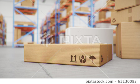 3D Illustration packages delivery, parcels transportation system concept, heap of cardboard boxes in middle of the warehouse. Warehouse with cardboard boxes inside on pallets racks. Huge warehouse. 63130082