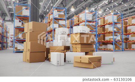 3D Illustration packages delivery, parcels transportation system concept, heap of cardboard boxes in middle of the warehouse. Warehouse with cardboard boxes inside on pallets racks. Huge warehouse. 63130106