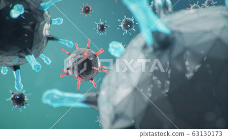 Abstract virus background, flu virus or COVID-19. The virus infects cells. COVID-19 under the microscope, pathogen affecting the respiratory system. Infection causing chronic disease, 3d illustration Abstract virus background, flu virus or COVID-19. The virus infects cells. COVID-19 under the microscope, pathogen affecting the respiratory system. Infection causing chronic disease, 3d illustration 63130173