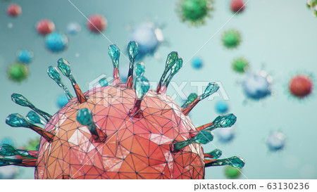 3D illustration, abstract pathogen as a type of flu - H1N1, hepatitis viruses, influenza virus, flu, aids. Virus abstract background. Virus infects human cells. Infection causing chronic disease. 63130236