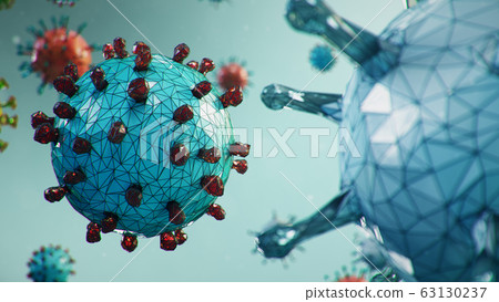 Abstract virus background, flu virus or COVID-19. The virus infects cells. COVID-19 under the microscope, pathogen affecting the respiratory system. Infection causing chronic disease, 3d illustration 63130237