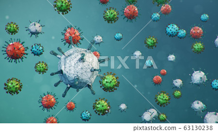 Abstract virus background. Pathogen affecting the respiratory tract. COVID-19 infection. Concept of pandemic, viral infection. Virus inside a human. Infection causing chronic disease, 3D illustration 63130238