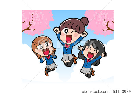 插圖素材 高中畢業春季女學生三人組可愛 插圖素材 圖庫