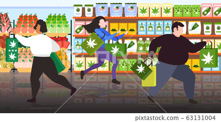 people buying cbd products modern cannabis shop interior marijuana legalization drugs consumption concept horizontal full length 63131004