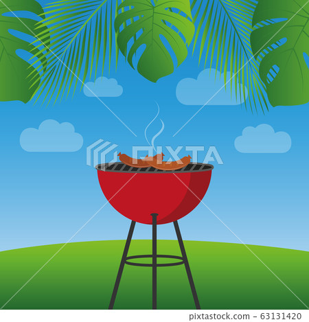 summer bbq under palm leaves with red kettle barbecue and sausages summer bbq under palm leaves with red kettle barbecue and sausages 63131420