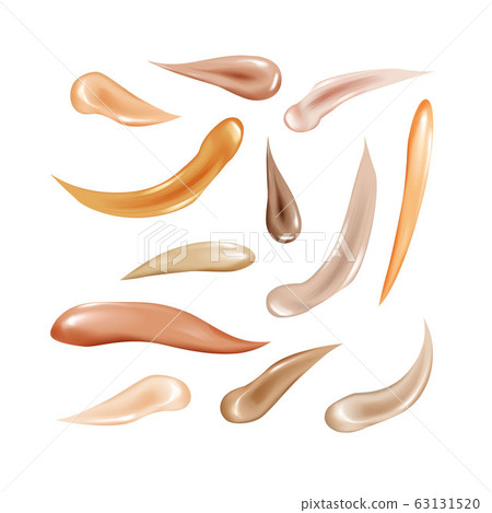 Collection of liquid foundation, osmetic concealer smear strokes, tone cream smudged isolated texture on white background. Collection of liquid foundation, osmetic concealer smear strokes, tone cream smudged isolated texture on white background. 63131520