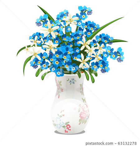 Bouquet of spring flowers and blue forget-me-nots in a porcelain vase isolated on white background. Vector cartoon close-up illustration. 63132278