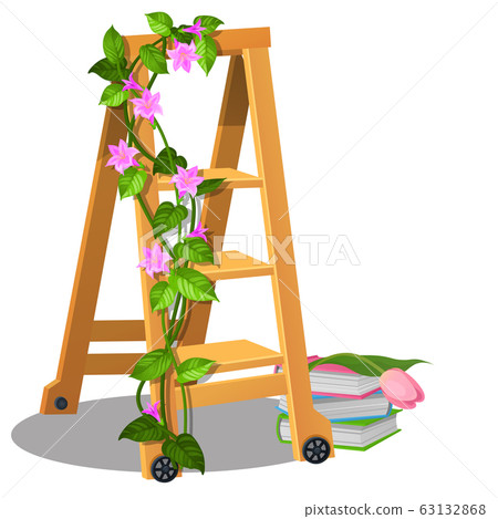 The wooden mobile step ladder is decorated with climbing plants with flowers and books isolated on white background. Interior design element. Vector cartoon close-up illustration. The wooden mobile step ladder is decorated with climbing plants with flowers and books isolated on white background. Interior design element. Vector cartoon close-up illustration. 63132868