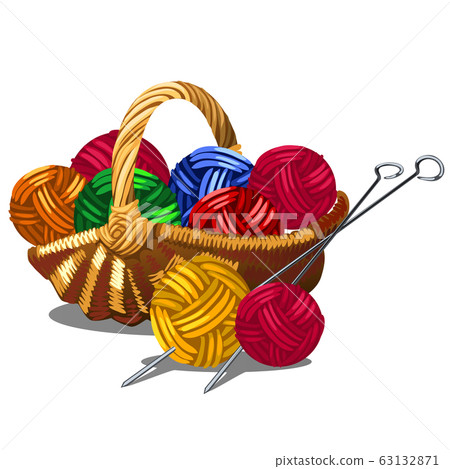 A set of tangles of multicolored yarn in a wicker basket isolated on white background. Vector cartoon close-up illustration. 63132871