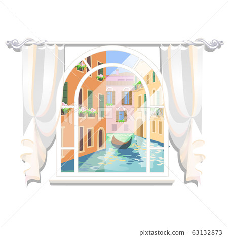 Sketch of a poster in the style of Venice. View of the city river from the window with a floating boat isolated on white background. Vector cartoon close-up illustration. Sketch of a poster in the style of Venice. View of the city river from the window with a floating boat isolated on white background. Vector cartoon close-up illustration. 63132873