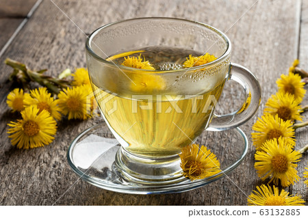 A cup of coltsfoot tea with fresh coltsfoot plant A cup of coltsfoot tea with fresh coltsfoot plant 63132885