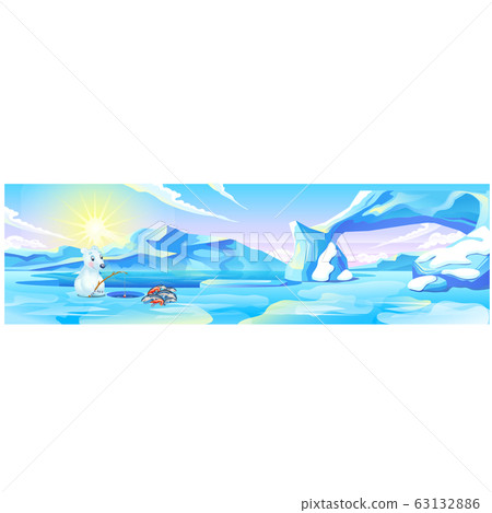 Cute picture of a polar bear fishing. Vector cartoon close-up illustration. Cute picture of a polar bear fishing. Vector cartoon close-up illustration. 63132886
