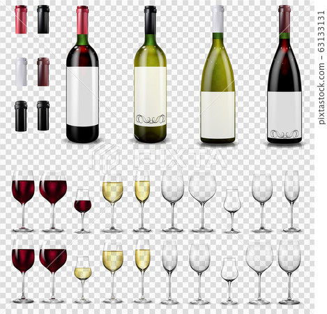 Full and empty wine glasses. Red and white wine bottles. Full and empty wine glasses. Red and white wine bottles. 63133131
